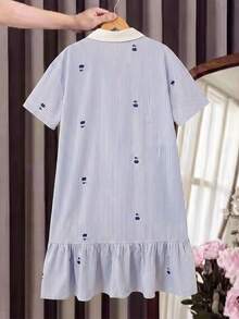 兒童青少年女孩 Polo 領藍白條紋櫻桃印花短袖中長洋裝，對比荷葉領花瓣袖印花洋裝，適合學校、戶外活動、購物，前開鈕扣休閒學院風洋裝，返校穿搭 - 藍色 - 查看 3