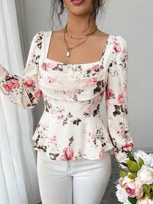 SHEIN Elenzya Best-Selling Rose Floral Print Design With Chiffon Printed Ruffle Collar, Cinched Waist, Small A-Line Hem, Long Sleeve, Exquisite Elegant Casual Daily Women's Blouse For Spring, Summer, Autumn - Multicolor - View 5