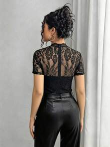 SHEIN Raffinéa Women's Elegant Lace Sexy Sheer Black Tank Top - Black - View 2