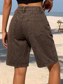 DAZY Women's Cat Whisker Faded Straight Leg Denim Shorts Summer Y2K - Brown - View 3