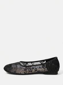CUCCOO HITCHD Lace Round Toe Flats, Perspective Mesh Sequined Low Vamp Shoes, Commuting Dating Daily Breathable Women's Shoes - Black - View 9