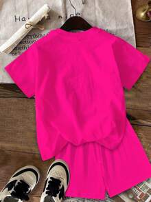 Kids Young Girl Casual Minimalist Girl Group Graphic Print Colorful Short Sleeve T-Shirt And Shorts 2-Piece Set, Suitable For Summer - Multicolor - View 4