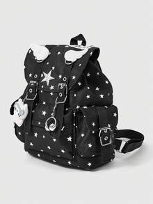 ROMWE Grunge Punk 大學風貓咪翅膀裝飾多口袋星星黑色後背包，時尚休閒中性大容量包，適合通勤 - 黑拼白色星 - 查看 2