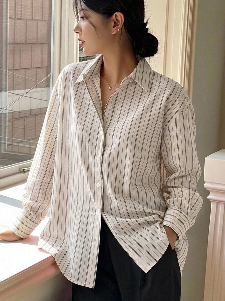 DAZY 女款條紋拼色單排扣長袖商務襯衫 秋季 - 杏色 - 查看 1