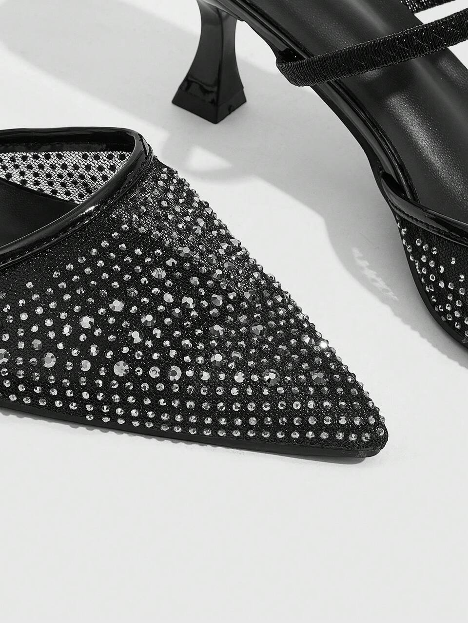 CUCCOO SZL Women Shoes Women's Fashion Pointed Black Full Diamond Light Luxury Suitable For Evening Party Strap High Heel Shoes