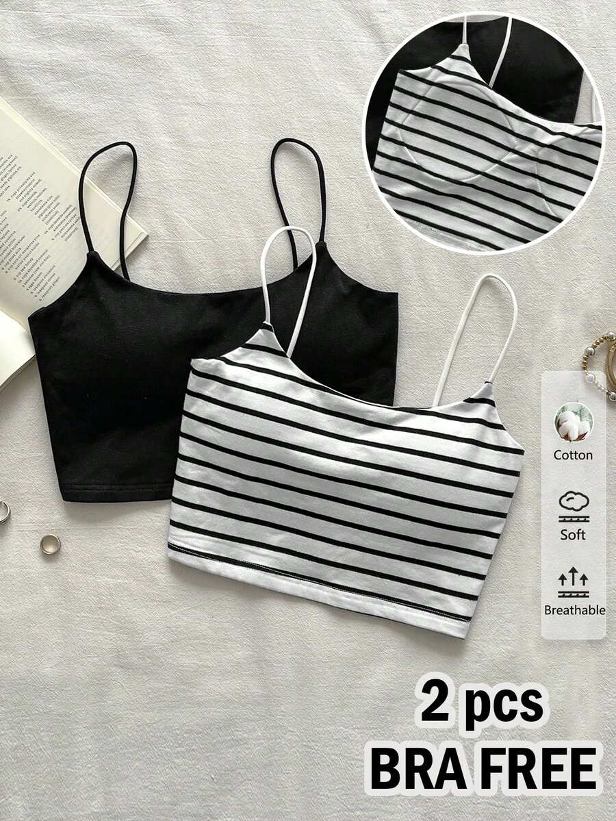 Attitoon Casual Minimalist Style Black + Striped All-Match Versatile High Cotton Comfortable Padded Tank Top For Women, Suitable For Summer Everyday - Multicolor - View 1