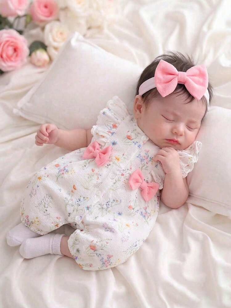 SHEIN 2pcs/Set Baby Girls' Sweet Floral Romper With Headband Cute Summer Sleeveless Knitted Infant Jumpsuit Family Matching Ruffle Shoulder Outfit Baptism - Baby Pink - View 1