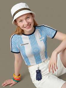 Elnivra 2026足球世界盃阿根廷足球球衣風女款短版T恤，藍白條紋夏季街頭休閒風，城市度假復古球迷上衣 - 藍白色 - 查看 1