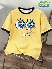 SpongeBob SquarePants | SHEIN Manfinity Joysei Áo thun nam cổ tròn in hình hoạt hình, phối nhiều mảnh vải. - Màu vàng - Xem 5