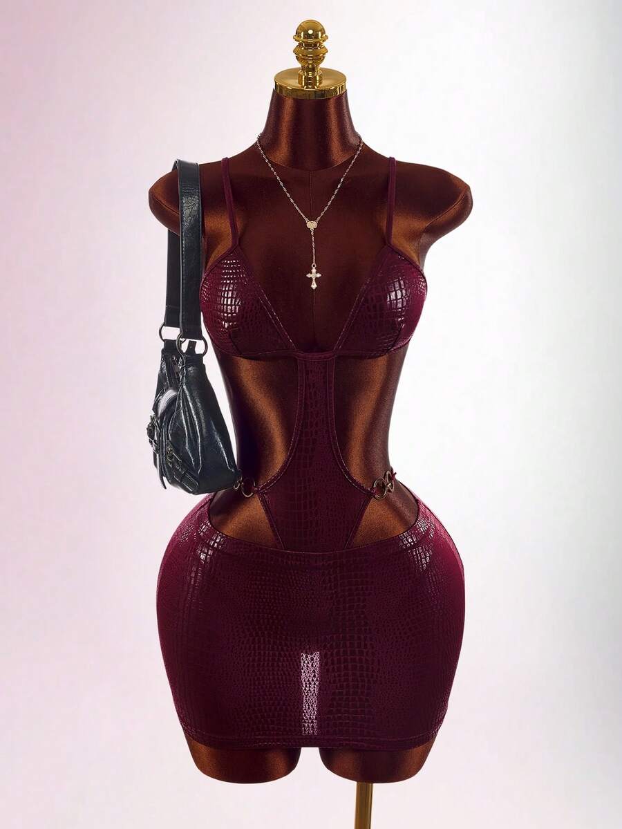Amplova Vintage Wild Burgundy Schlangenhaut Sexy Jumpsuit & Tieftaille Rock 2 Stücke Set
