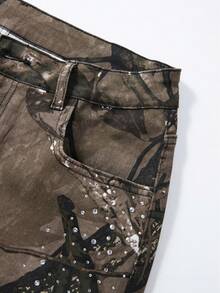 ROMWE MEN Street Life Men's Fashion Rhinestone Detail Branch Pattern Print Pocket Denim Jeans - Multicolor - View 3