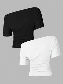 Airaco 2 pièces Hauts ajustés plissés avec col asymétrique, couleur unie, style décontracté et minimaliste pour femmes - Multicolore - Voir 2
