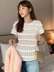 DAZY Women's Round Neck Solid Color Basic White Short Sleeve T-Shirt, White, Spring/Summer - White - View 3