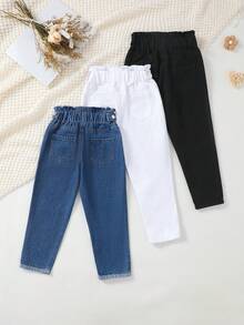 SHEIN Conjunto de 3 piezas de pantalones casuales de pierna recta de mezclilla lavada tejida multicolor azul & negro estilo preppy lindo y casual para niñas - Multicolor - Ver 2