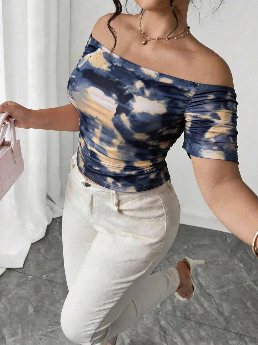 SHEIN Clasi Plus Size Tie-Dye Short Sleeve T-Shirt With Off Shoulder Neckline And Side Ruched Detail - Multicolor - View 1