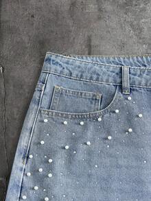 AXEPEAK Men's Black Washed Rhinestone Studded CraftsmanshipBermuda Shorts - Light Wash - View 4