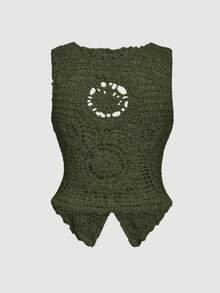 SHEIN MOD Plus Size Women's Hollow Out Thin Vintage 90s Traditional Casual Formal Single-Breasted Knit Vest Vacation Airport Army Green Summer - Army Green - View 4