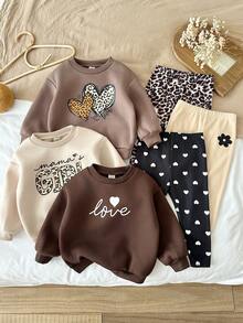 SHEIN Baby Girl 6pcs Knit Solid Color Leopard Print Letter Pattern Crew Neck Sweatshirt & Long Autumn Pants Set, Fleece Lined Thick , Suitable For Winter - Multicolor - View 5