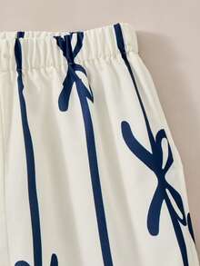 SHEIN Casuvi Kids Casuvi 青少年女孩 2件組圓領套頭上衣，附荷葉袖、對比領口與3D蝴蝶結裝飾，搭配條紋直筒長褲，海軍藍 - 藍白色 - 查看 8