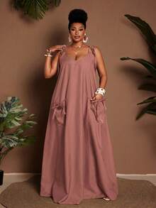 Maweii Summer Plus Size Women's Spaghetti Strap A-Line Maxi Dress, Casual Vacation Beach Bussines Carribean Vacation Full Skirt Dusty Pink - Dusty Pink - View 3