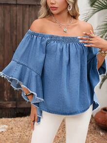Breezaya Women's Off-Shoulder Frayed Hem Casual Versatile Everyday Denim Top - Blue - View 3