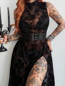 Whyspr Dark High Slit Sheer Long Black Asymmetrical Pattern Dress - Black - View 6