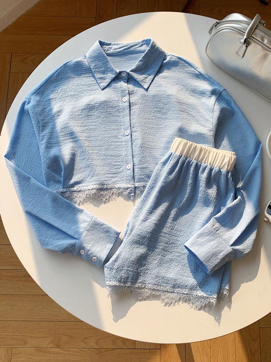 Comfortcana 女款蕾絲拼接短版襯衫與短褲兩件套 - 藍色 - 查看 1