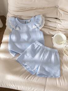SHEIN Genkimix Kids 2件組女童韓系簡約藍白條紋雙層荷葉袖上衣與寬鬆短褲套裝，夏季休閒穿搭 - 彩色 - 查看 6