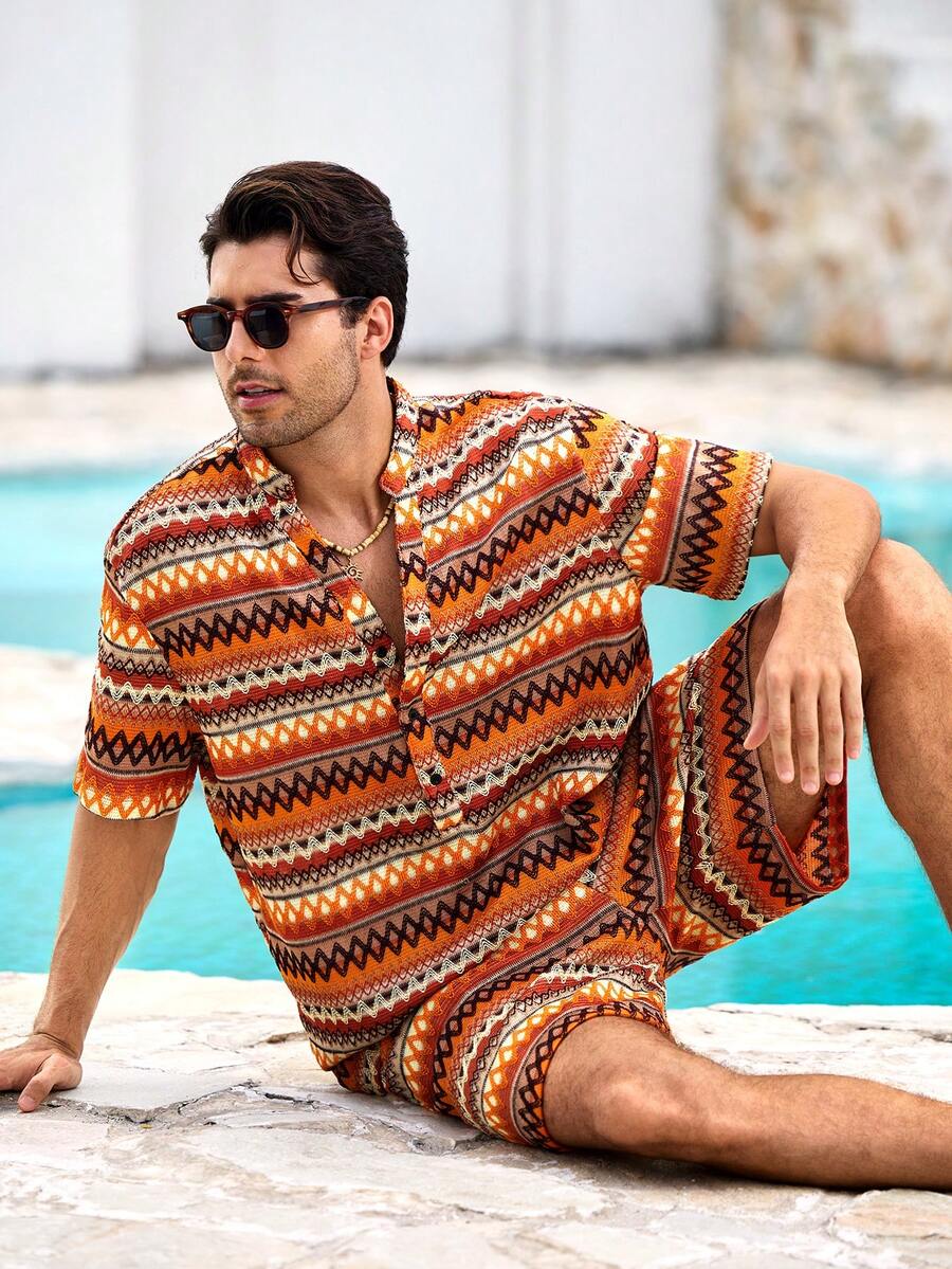 Mercer Haus Men's Orange Vacation Style Half-Placket Short Sleeve Shirt And Shorts Set - Multicolor - View 1