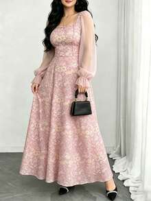 Modelyn 夢幻碎花與圖案仿刺繡印花淺藍色大尺碼女裝方領燈籠長袖極簡長洋裝，夏季收腰優雅長裙，適合夏季度假與日常穿著 - 彩色 - 查看 5