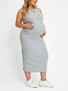 Plussiva Gaun Tank Top Pas Badan Warna Polos Ukuran Plus untuk Ibu Hamil, Gaun Musim Panas, Gaun Kasual untuk Wanita, Pakaian Kerja untuk Wanita - Grey - View 3