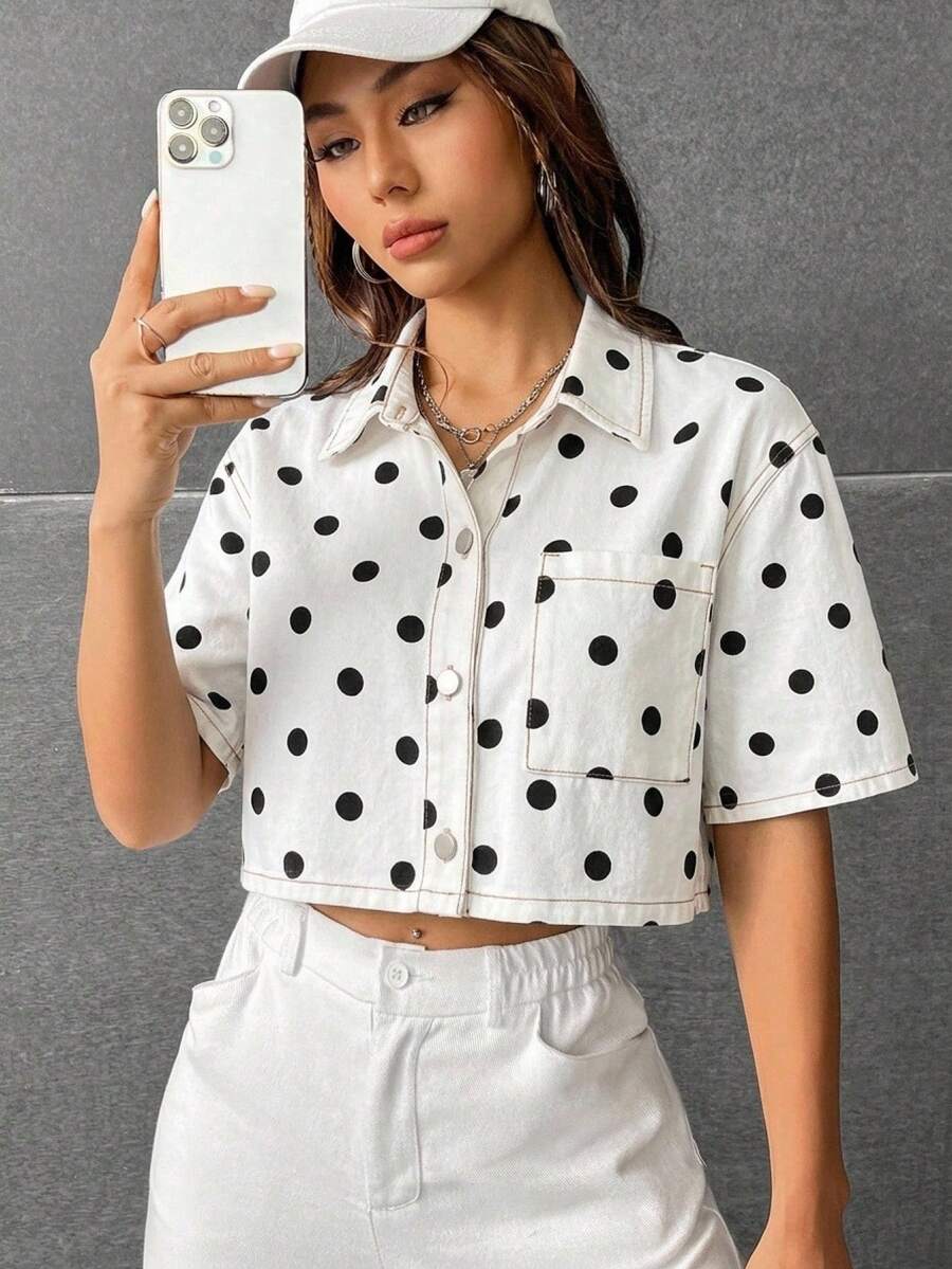 SHEIN EZwear 女款圓點單排扣休閒百搭日常牛仔上衣 - 黑色 - 查看 1