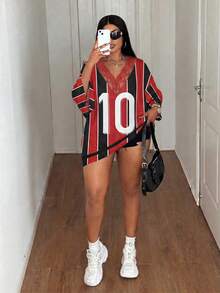 Maweii 大尺碼女款蕾絲拼接數位印花休閒百搭日常出遊T恤 - 彩色 - 查看 4
