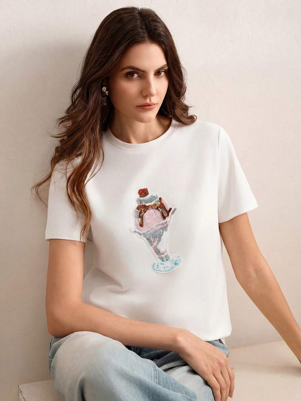 Women's Elegant Minimalist Summer T-Shirt With Playful Ice Cream Applique Embroidery, 100% Cotton