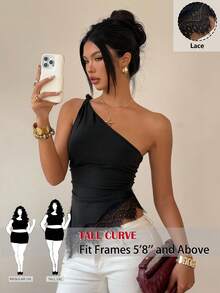 SHEIN Tall CURVE 大码女式夏季撞色蕾丝不对称下摆修身露肩上衣 - 黑色 - 查看 1