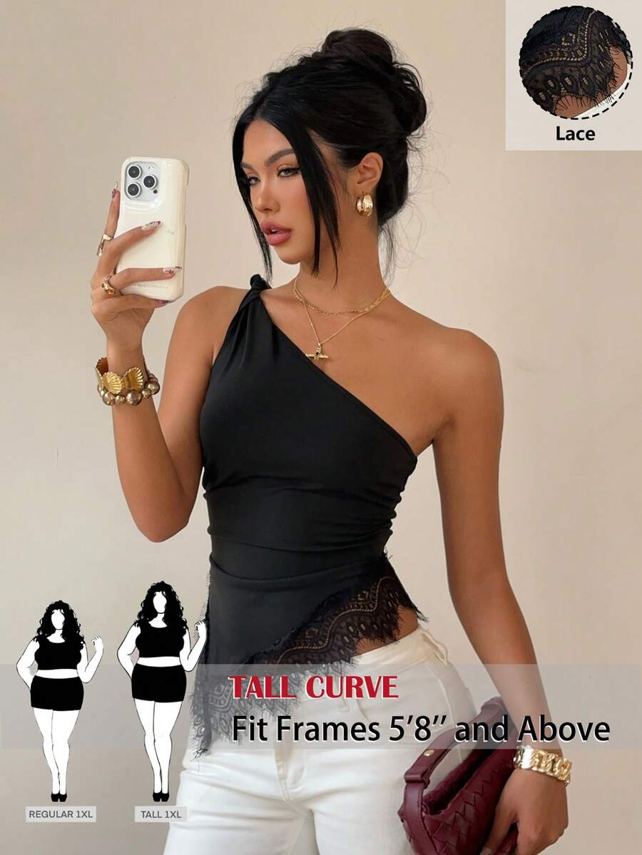 SHEIN Tall CURVE 大码女式夏季撞色蕾丝不对称下摆修身露肩上衣 - 黑色 - 查看 1