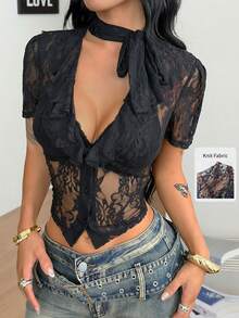 Coolane Summer For Women Streetwear Sexy Elegant Going Out Club Night Out Casual Daily Wear Date Night Y2K Deep V-Neck Elastic Lace Black Floral Blouse - Black - View 4