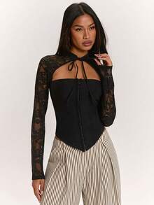 SHEIN BAE 黑色性感蕾絲拼接上衣，適合派對、約會、通勤，性感夜店上衣、胸衣、外出上衣、可愛上衣、蕾絲上衣 - 黑色 - 查看 5