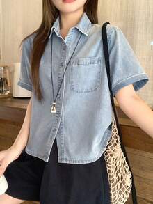 DAZY Women's Casual Loose Fit Short Sleeve Collared Light Blue Washed Denim Top With Pocket Decor Cute Tops - Blue - View 5