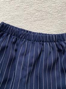 PrepCrw 2件組兒童小男孩優雅學院風休閒套裝，精緻舒適百搭，藍白條紋拼接長袖立領半拉鍊上衣搭配藍白條紋長褲，適合返校、外出、休閒活動、聚會，適用秋冬 - 藍白色 - 查看 10