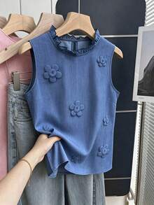 SHEIN Summer Blue Sleeveless Vest With Ruffled Stand Collar And 3D Floral Applique Elegant Cute Suitable For Casual And Professional Occasions Brunch - Blue - View 8