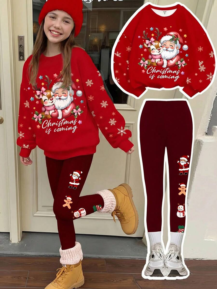 SHEIN Leap Crew 兒童青少年女孩可愛卡通蝴蝶結印花休閒簡約舒適加厚柔軟保暖圓領長袖秋冬衛衣與內搭褲套裝 - 彩色 - 查看 1