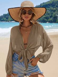 Swim Vcay Kimono corto de unicolor con nudo delantero para cubrir la ropa de playa en vacaciones - Caqui - Ver 7