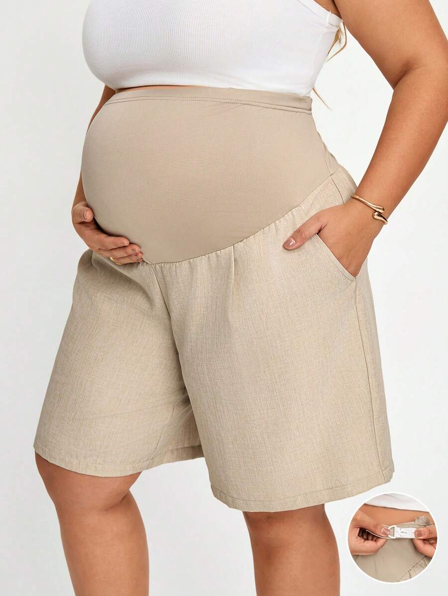 Plussiva 大尺碼孕婦可調腰圍休閒百搭日常短褲 - 卡其色 - 查看 1