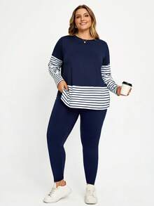 Plussiva Bộ đồ 2 món bầu size lớn gồm áo thun tay dài cổ tròn kẻ sọc và quần dài lưng điều chỉnh được phong cách thường ngày - Xanh và trắng - Xem 5