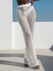 SHEIN Summer Beach Hollow Out Crochet Cover Up Pants Vacation White - White - View 6