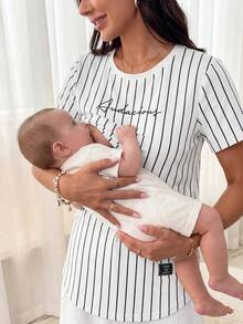 Slowluna 孕婦圓領條紋哺乳t恤,家居穿著 - 白色 - 查看 6