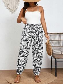 SHEIN Frenchy Celana Panjang Wanita Motif Tropis dengan Simpul di Depan, Model Pinggang Tinggi, Cocok untuk Liburan Musim Panas - Hitam dan Putih - View 3