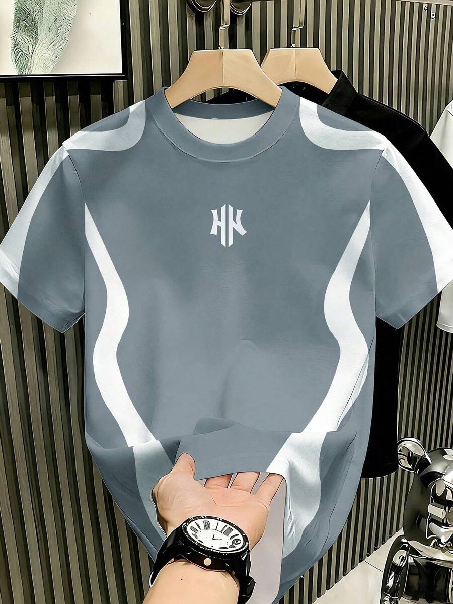 Manfinity Hypemode New Asymmetrical Color Block T-Shirt For Men, Suitable For Daily Wear And Gatherings - Multicolor - View 1