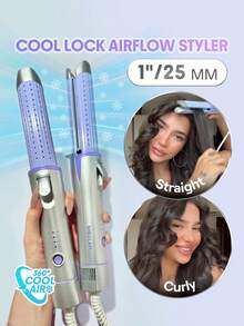 SHEGLAM HAIR 酷鎖風造型器，360°氣流造型直髮器，二合一直發捲髮器，帶冷卻氣流孔的捲發器可鎖住造型，4檔可調溫度，雙電壓，快速直發，水性陶瓷塗層令秀發亮澤，長短髮皆宜。 禮物 粉紅色的 化妝品 海灘 節慶 護髮 假期 夏天 美髮配件 返校 旅行 - 銀色 - 查看 2